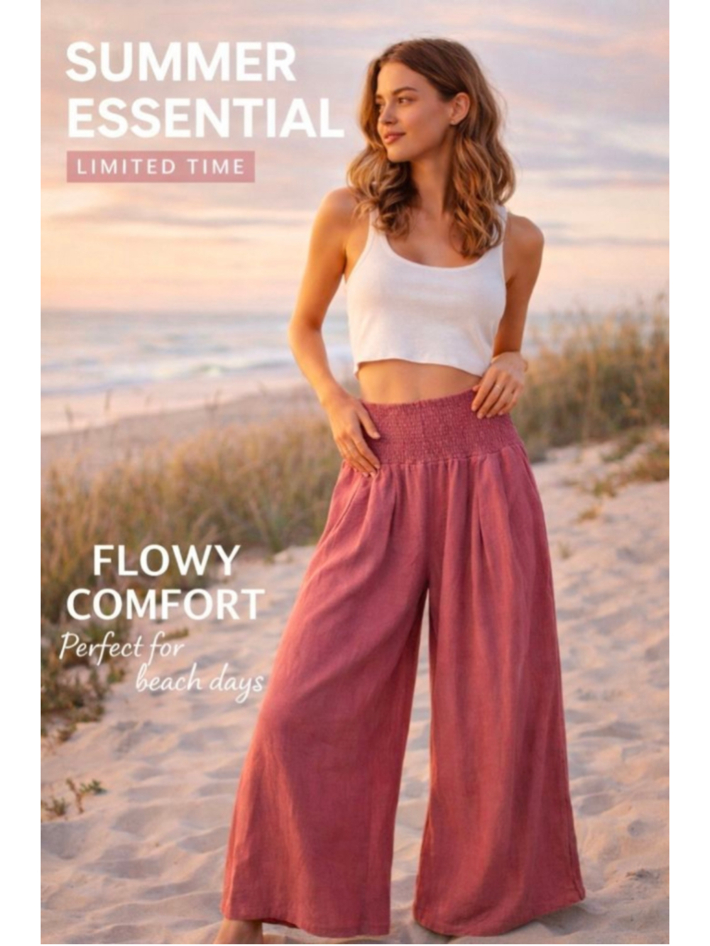 Dusty Rose Linen Blend Wide Leg Palazzo Pants Boho Resort Summer Flowy Small